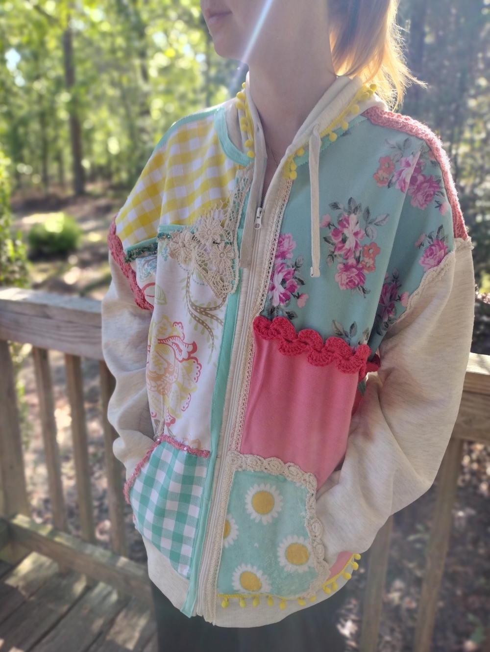 Patchwork Floral & Gingham Zip Hoodie - Pink & Teal